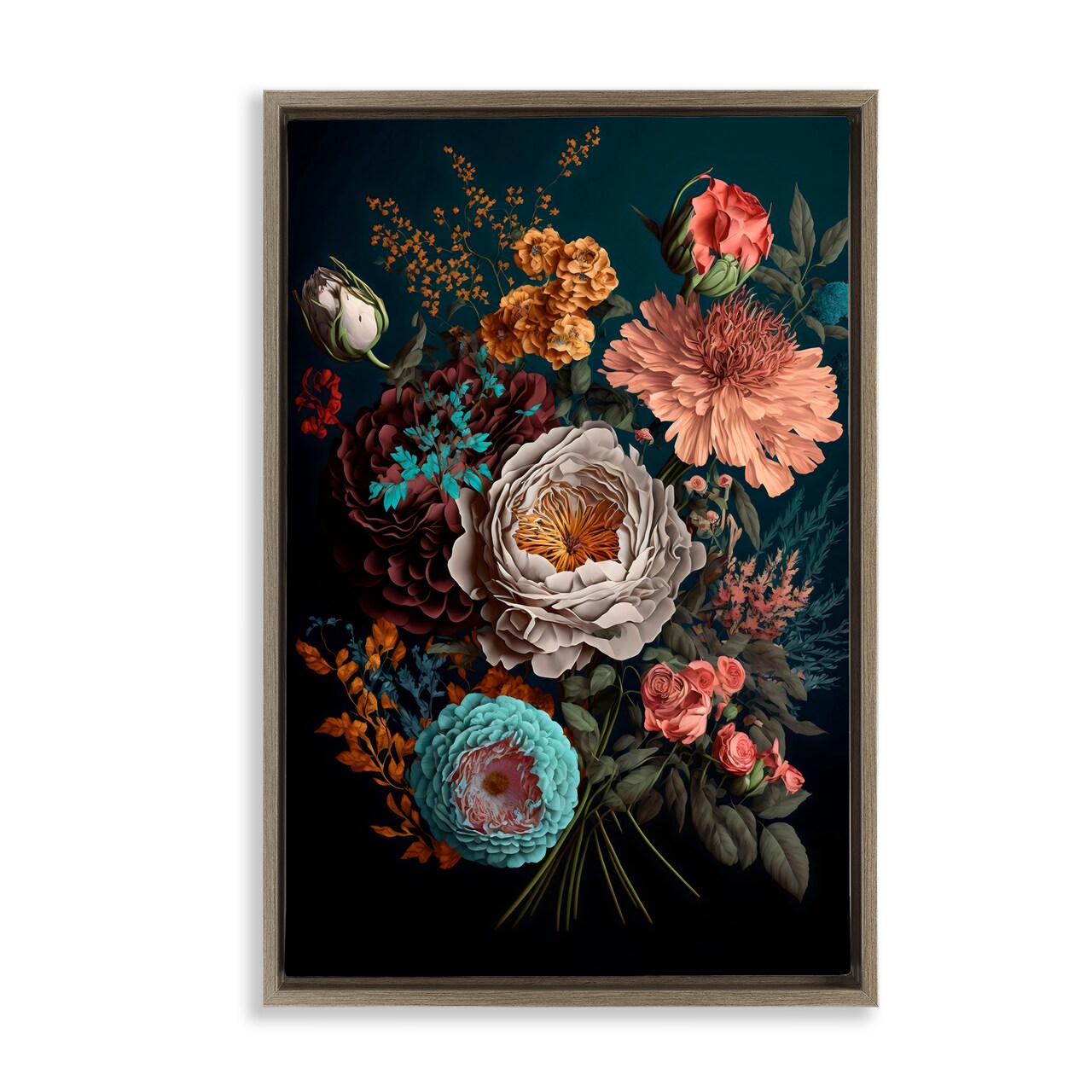 Stupell Industries Realistic Colorful Floral on Black Black Framed Floater Canvas Wall Art, design by Creative Studio